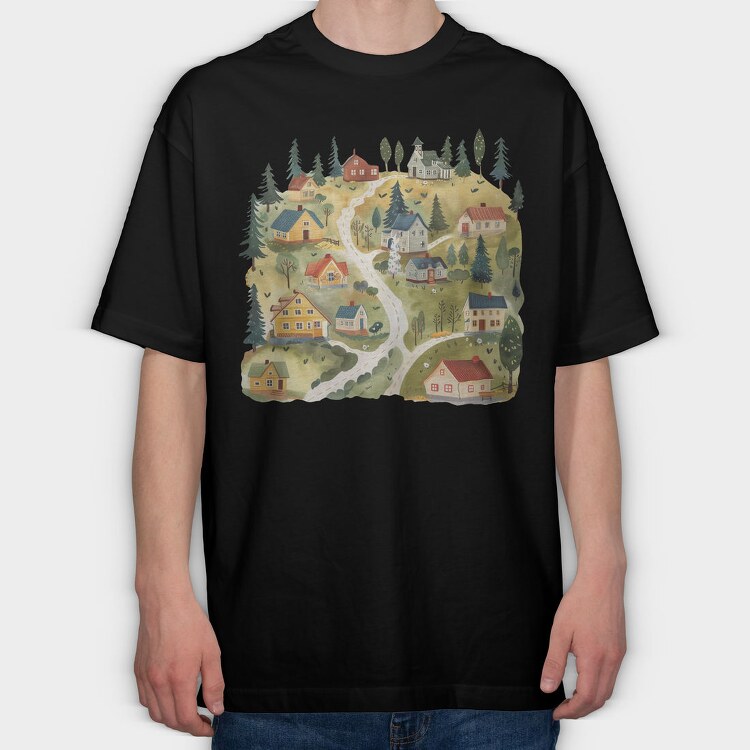 Watercolor Village Nest, Tricou Oversize Barbati (Unisex)