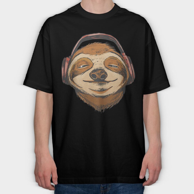 Sloth Animal With Earphones Headphones, Tricou Oversize Barbati (Unisex)