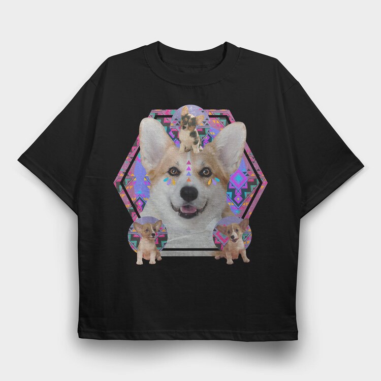 Corgi Psychedelic Collage, Tricou Oversize Barbati (Unisex)