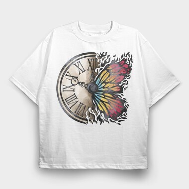 Butterfly And Vintage Clock, Tricou Oversize Barbati (Unisex)