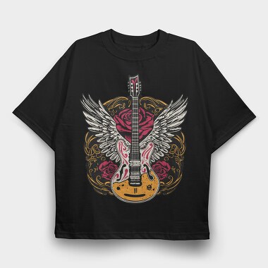 Electric Guitar With Wings And Roses, Tricou Oversize Barbati (Unisex)
