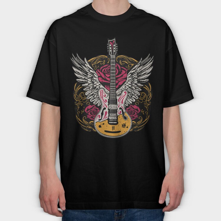 Electric Guitar With Wings And Roses, Tricou Oversize Barbati (Unisex)