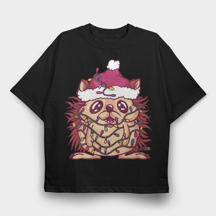 Hedgehog In Christmas Lights, Tricou Oversize Barbati (Unisex)