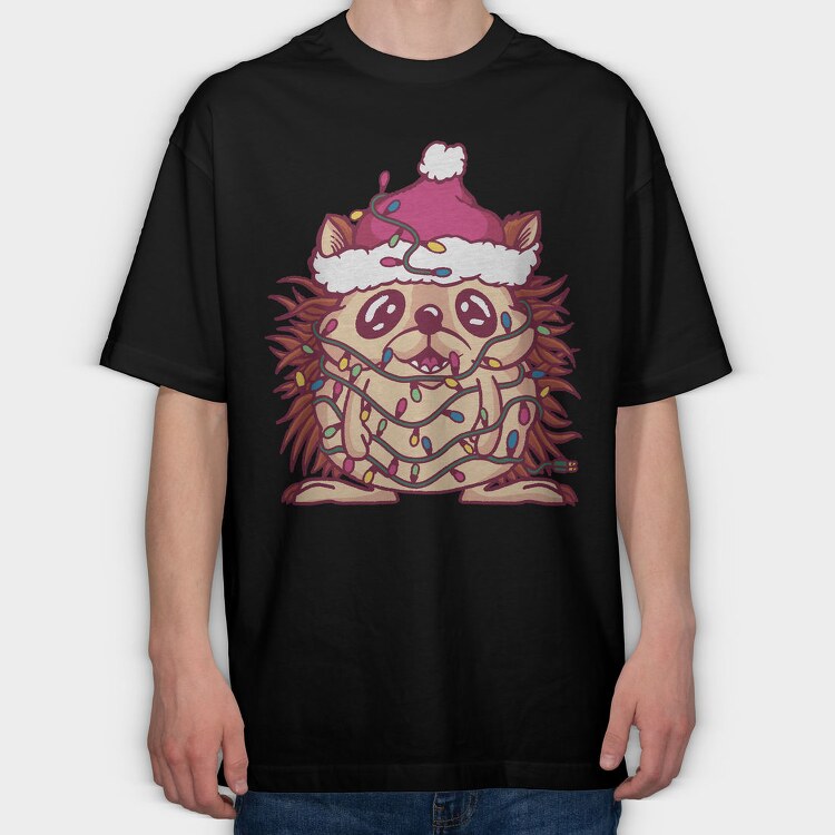 Hedgehog In Christmas Lights, Tricou Oversize Barbati (Unisex)