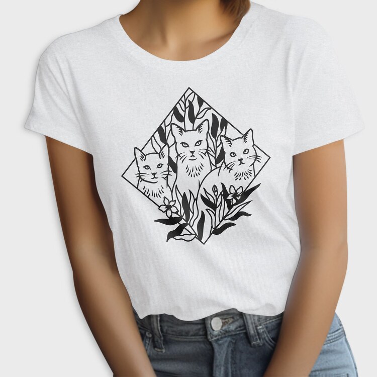 Elegant Cat Trio Illustration With Botanical Elements, Tricou Femei