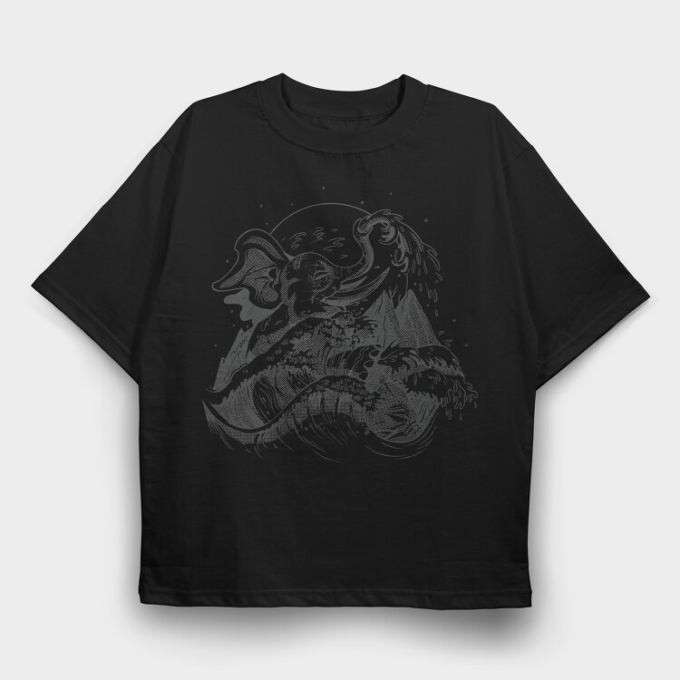 Elephant And Wave Hand Drawn Ukiyo, Tricou Oversize Barbati (Unisex)