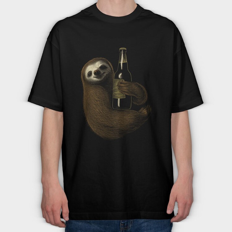 Sloth Hugging Beer, Tricou Oversize Barbati (Unisex)
