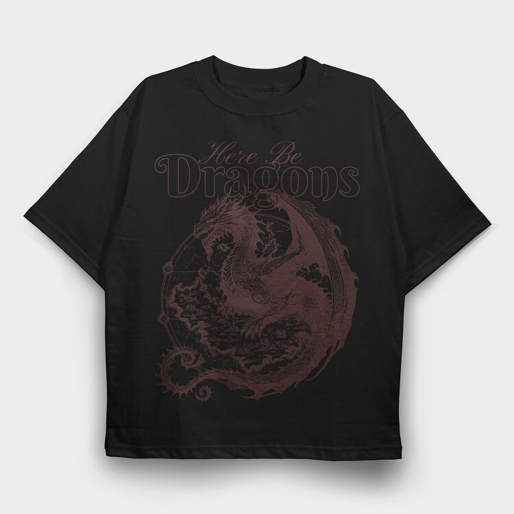 Here Be Dragons Fantasy, Tricou Oversize Barbati (Unisex)