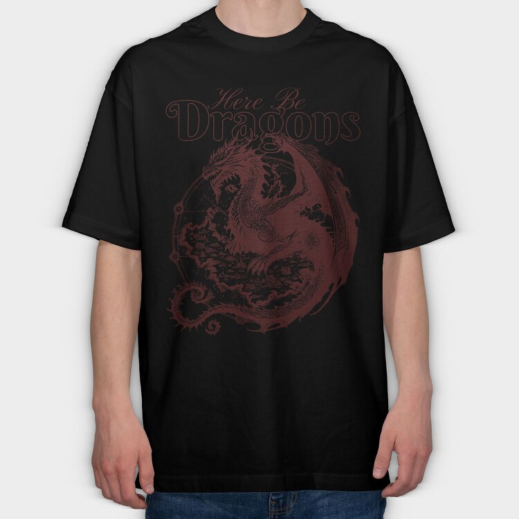Here Be Dragons Fantasy, Tricou Oversize Barbati (Unisex)