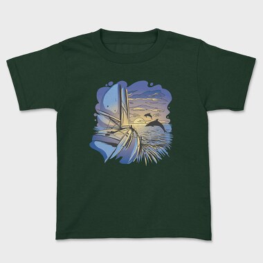 Dolphins And Boat Sail Yatch Sunset, Tricou Copii