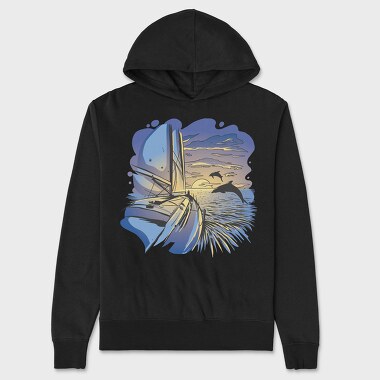 Dolphins And Boat Sail Yatch Sunset, Hanorac Oversize Barbati (Unisex)
