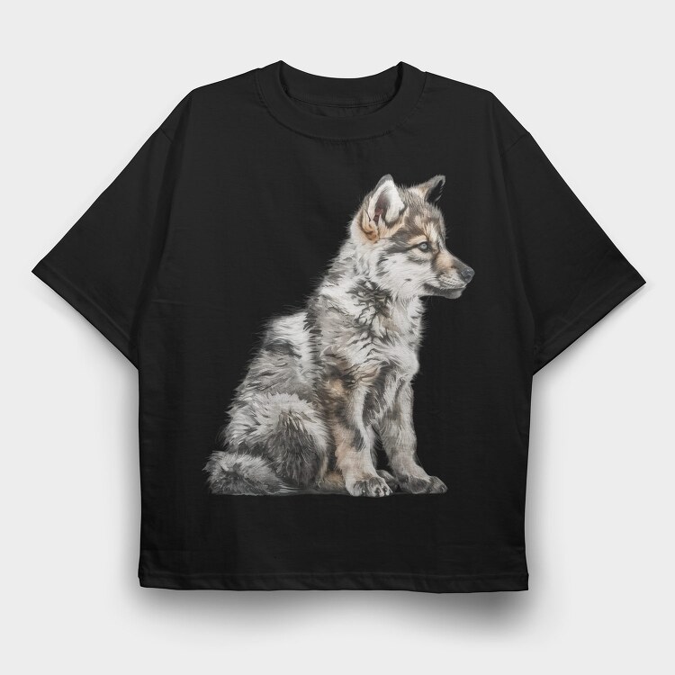 Wolf Pup Sitting, Tricou Oversize Barbati (Unisex)