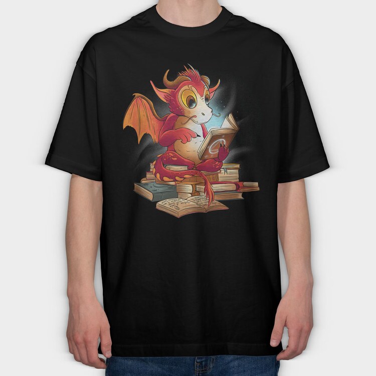 Reading Dragon Fantasy Books Illustration, Tricou Oversize Barbati (Unisex)