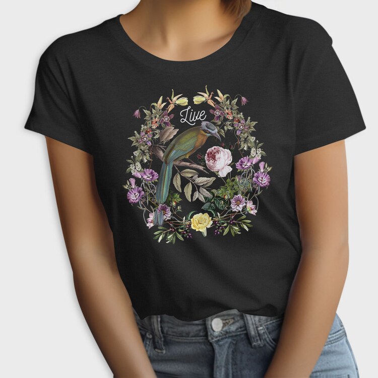 Bird In Floral Wreath Tote Flowers Live, Tricou Femei