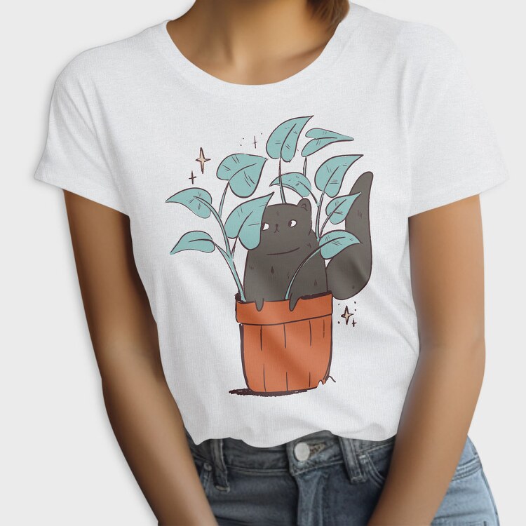 Black Cat In A Pot Of Houseplants, Tricou Femei