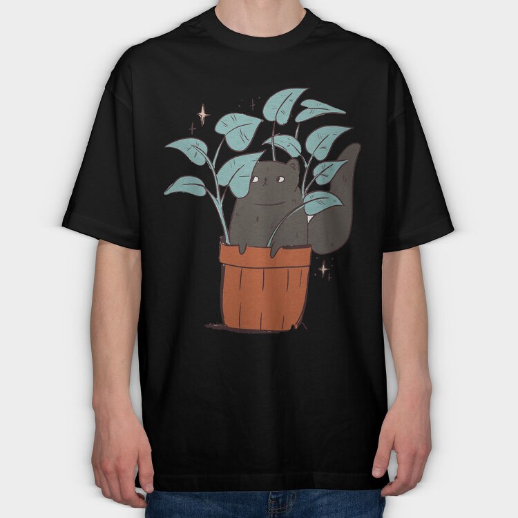 Black Cat In A Pot Of Houseplants, Tricou Oversize Barbati (Unisex)