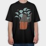 Black Cat In A Pot Of Houseplants, Tricou Oversize Barbati (Unisex)