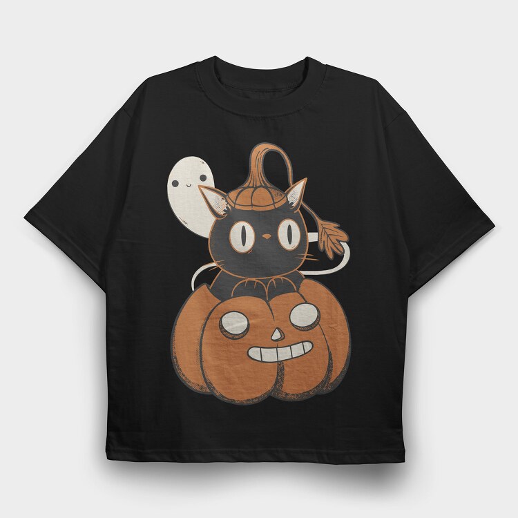 Black Cat Inside Pumpkin, Tricou Oversize Barbati (Unisex)