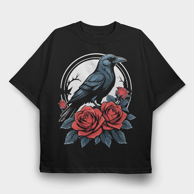 Enigmatic Crow And Roses, Tricou Oversize Barbati (Unisex)