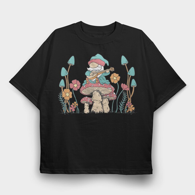 Hippie Gnome On Mushroom Banjo Cottagecore, Tricou Oversize Barbati (Unisex)