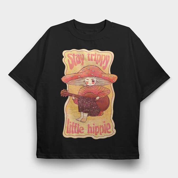Hippie Mushroom Playing Guitar Stay Trippy, Tricou Oversize Barbati (Unisex)