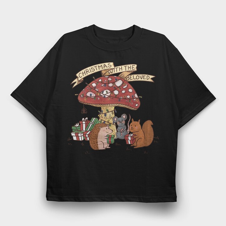 Christmas Mushroom And Animals With The Beloved, Tricou Oversize Barbati (Unisex)