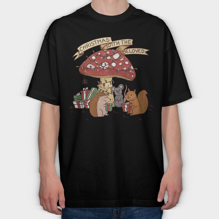 Christmas Mushroom And Animals With The Beloved, Tricou Oversize Barbati (Unisex)