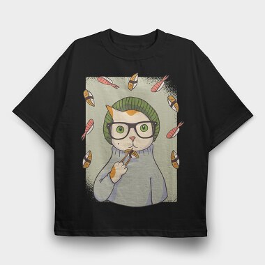 Hipster Sushi Cat, Tricou Oversize Barbati (Unisex)