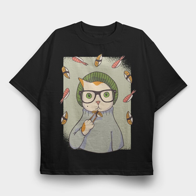 Hipster Sushi Cat, Tricou Oversize Barbati (Unisex)