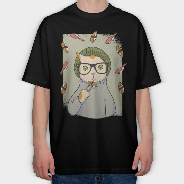 Hipster Sushi Cat, Tricou Oversize Barbati (Unisex)