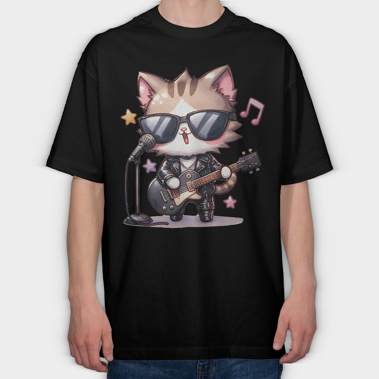 Chibi Cat Musician, Tricou Oversize Barbati (Unisex)
