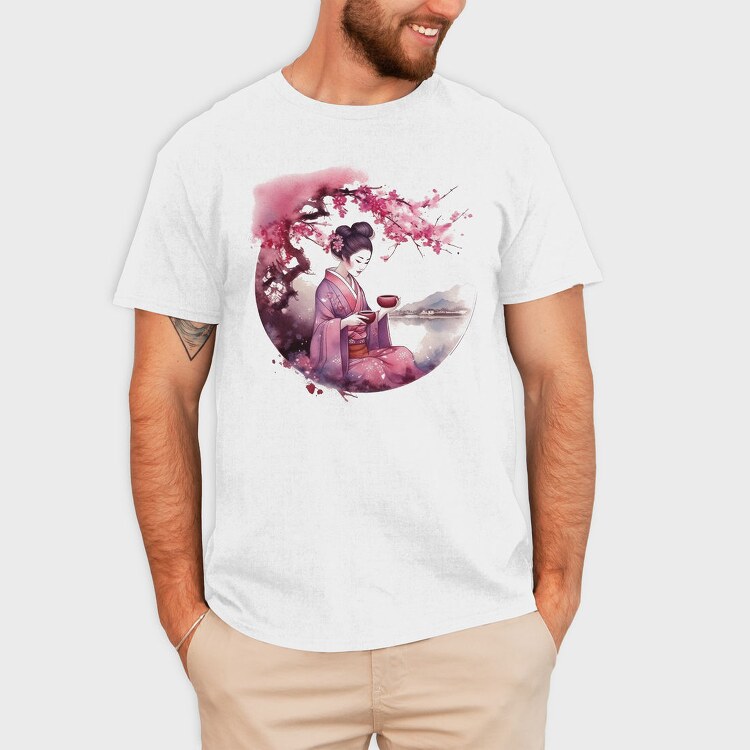 Geisha With Sakura Tea, Tricou Barbati (Unisex)