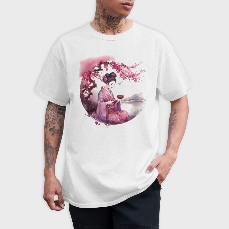 Geisha With Sakura Tea, Tricou Barbati (Unisex)