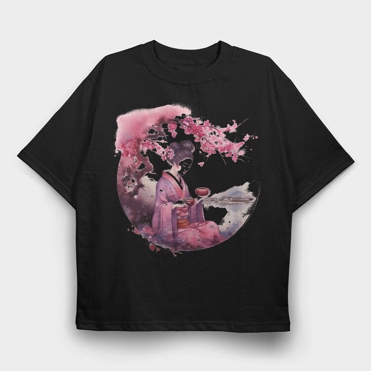 Geisha With Sakura Tea, Tricou Oversize Barbati (Unisex)