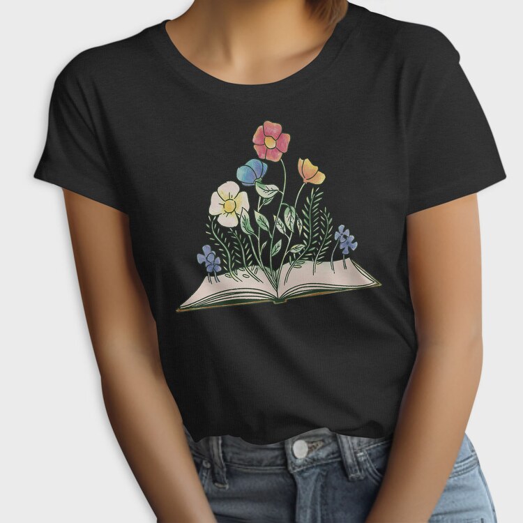 Book With Flowers Watercolor, Tricou Femei