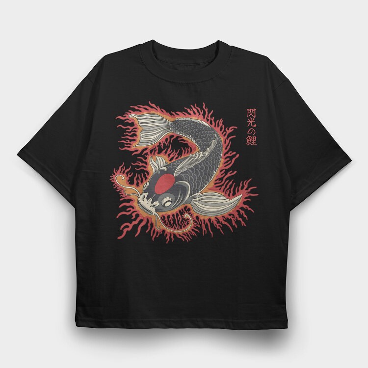 Japanese Koi Flames Fire Traditional, Tricou Oversize Barbati (Unisex)