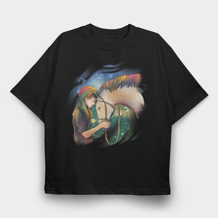 Horse Girl Colorful Hair, Tricou Oversize Barbati (Unisex)