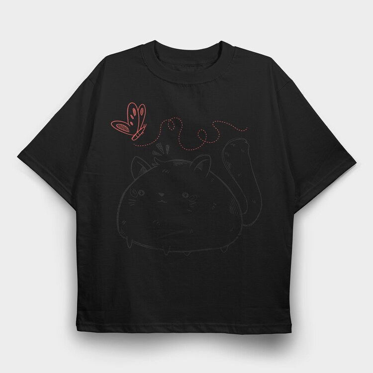 Chubby Cat And Butterfly Sketch, Tricou Oversize Barbati (Unisex)