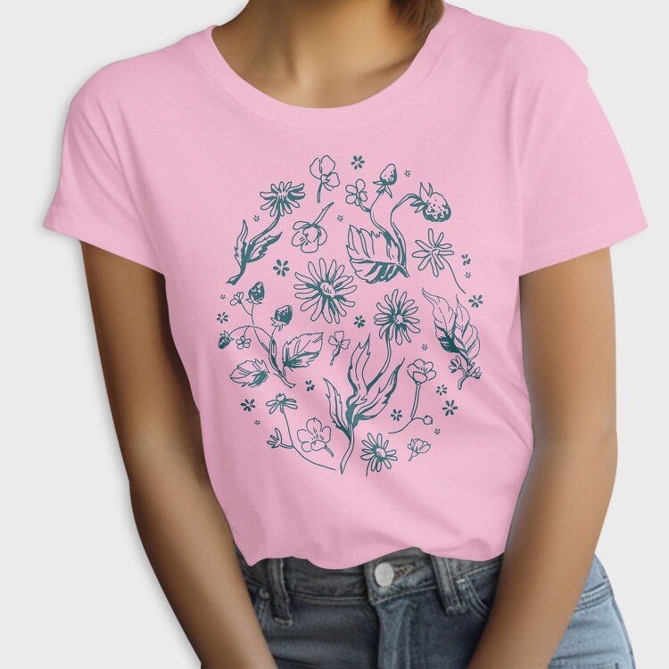 Circle Of Flowers And Leaves Botanical Line Elements, Tricou Femei
