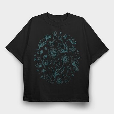 Circle Of Flowers And Leaves Botanical Line Elements, Tricou Oversize Barbati (Unisex)