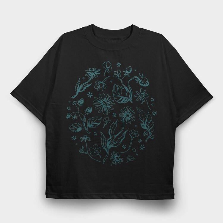 Circle Of Flowers And Leaves Botanical Line Elements, Tricou Oversize Barbati (Unisex)