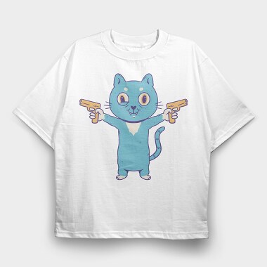 Cartoon Cat With Guns Pew Pew, Tricou Oversize Barbati (Unisex)