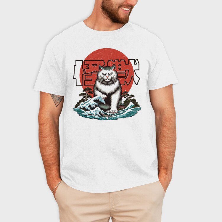 Japanese Wave Cat Catzilla, Tricou Barbati (Unisex)