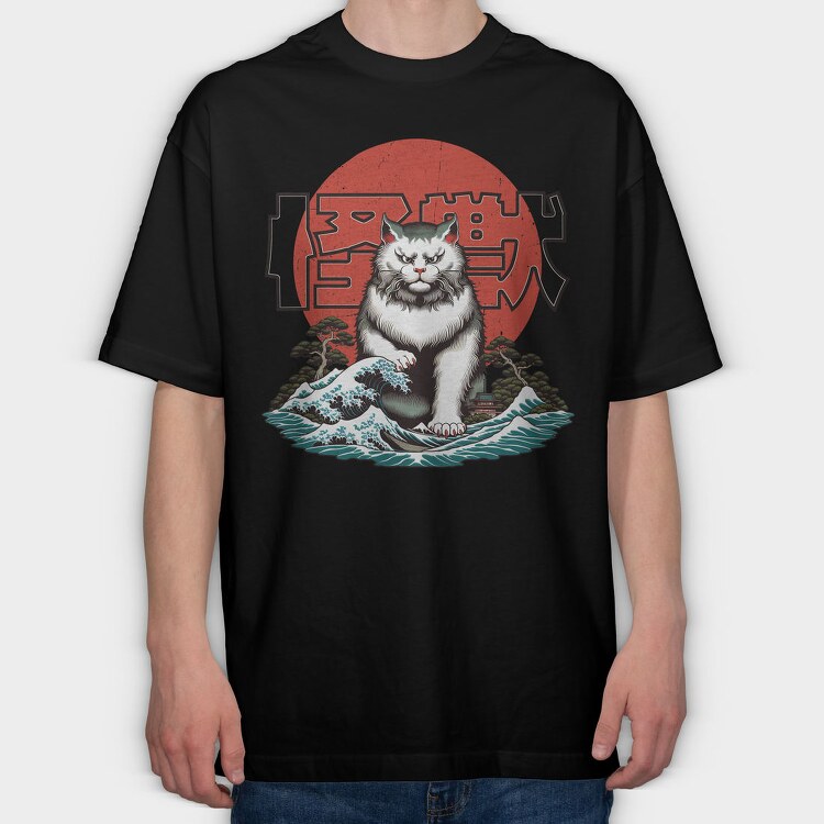 Japanese Wave Cat Catzilla, Tricou Oversize Barbati (Unisex)