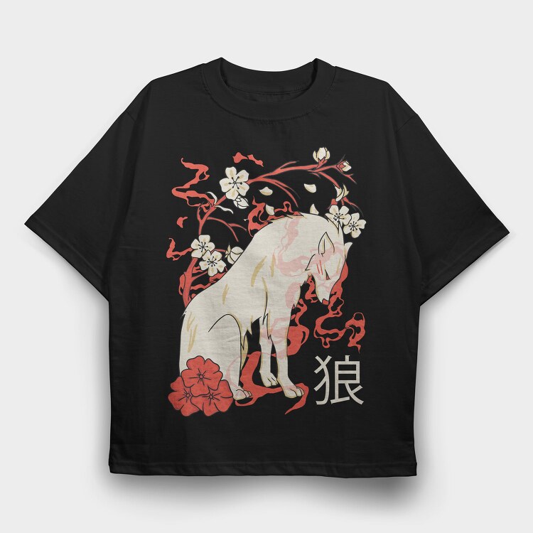 Japanese Wolf Floral, Tricou Oversize Barbati (Unisex)