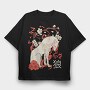 Japanese Wolf Floral, Tricou Oversize Barbati (Unisex)