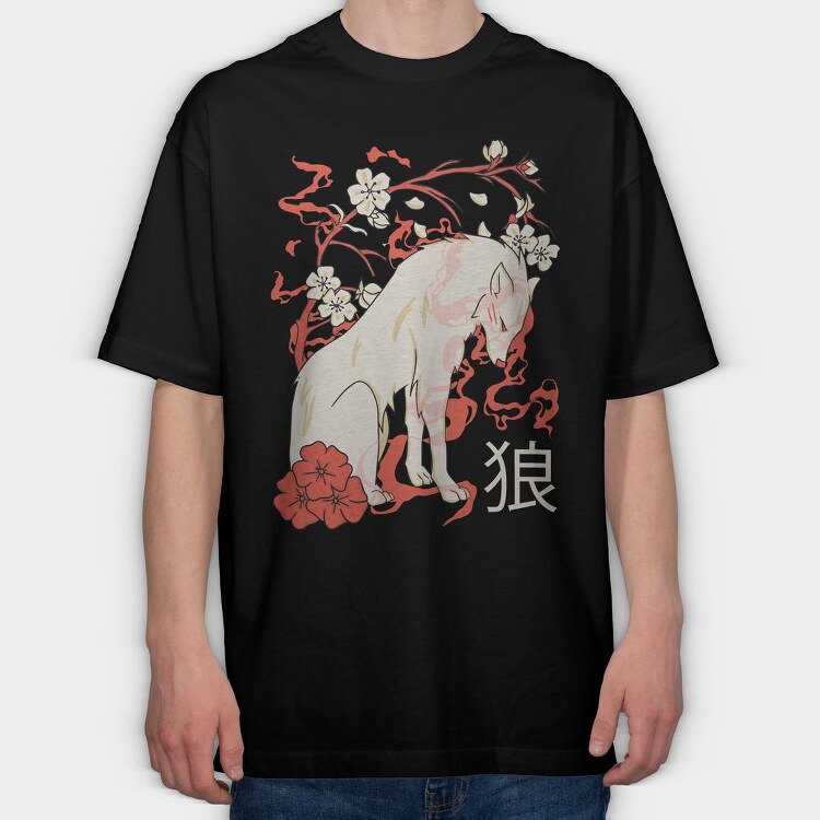 Japanese Wolf Floral, Tricou Oversize Barbati (Unisex)