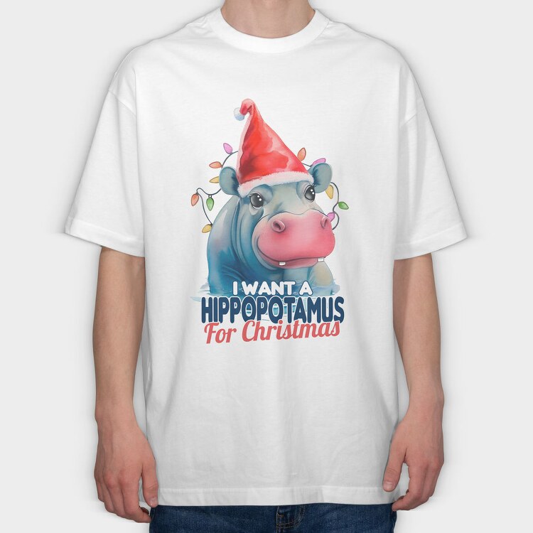 Hippo Watercolor Christmas, Tricou Oversize Barbati (Unisex)