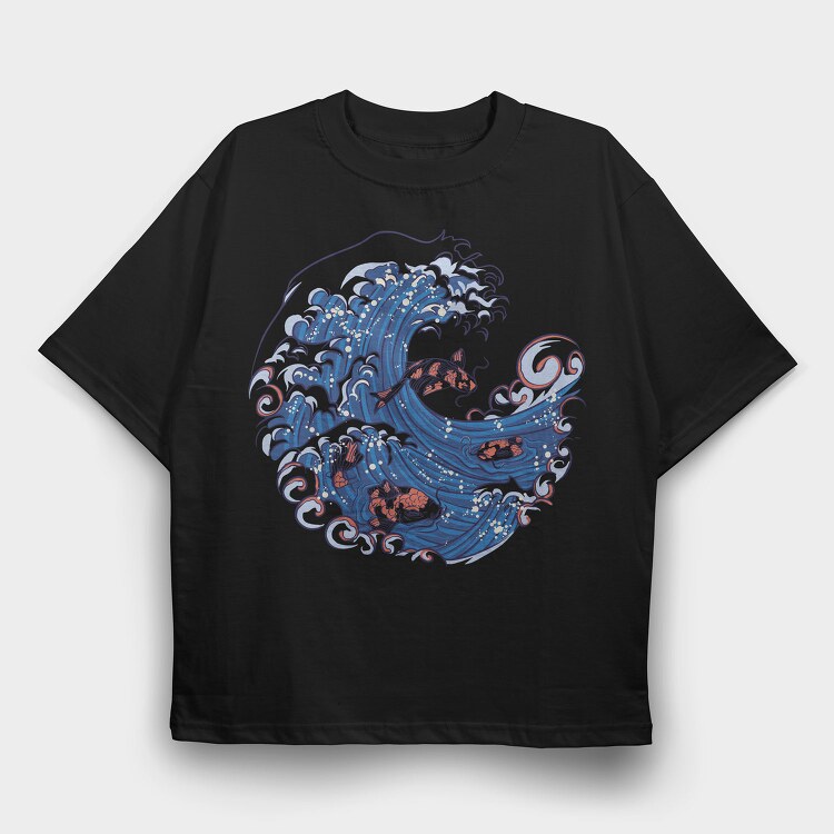 Wave With Koi Fishes, Tricou Oversize Barbati (Unisex)