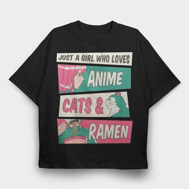 Anime Girl Cat And Ramen, Tricou Oversize Barbati (Unisex)